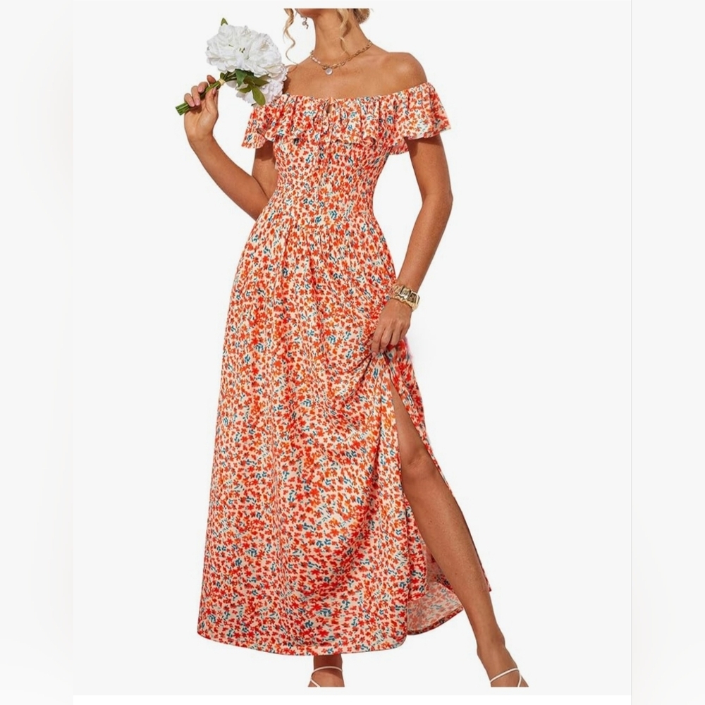 Off-Shoulder Orange Floral Maxi Dress